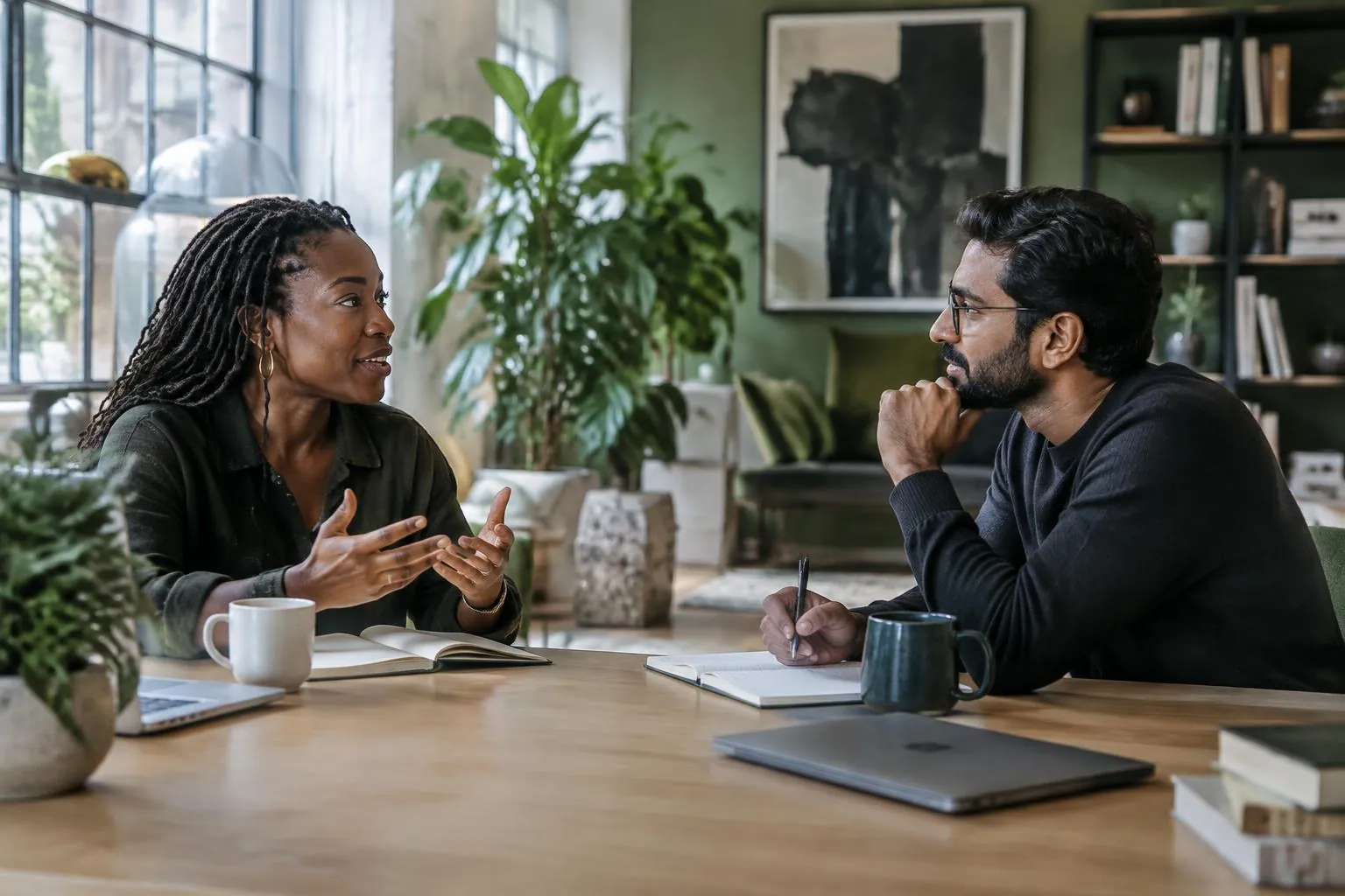 Two technology professionals in conversation